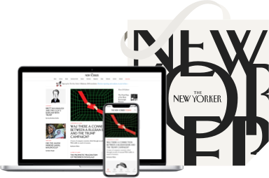 New yorker print version, alongside a device open on their website, alongside a new yorker tote.