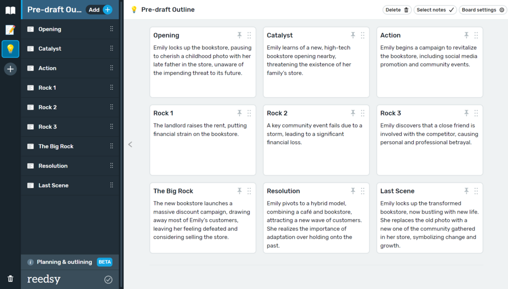 Screengrab of the Reedsy's writing app outlining feature