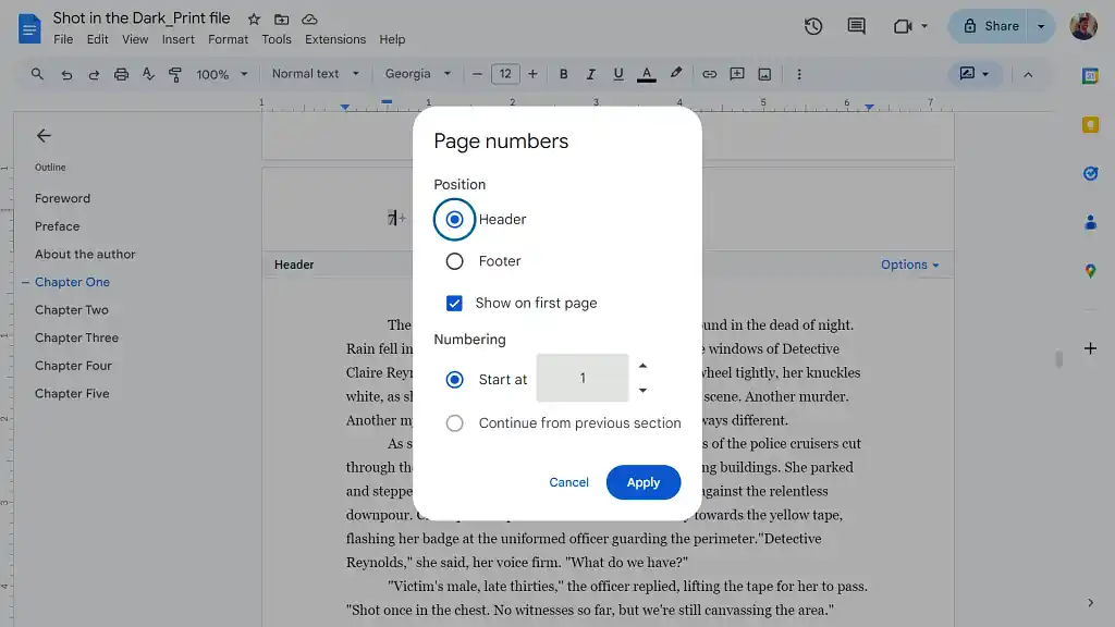 Screengrab of how to add page numbers in Google Docs