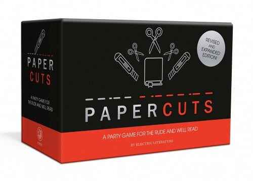 Photo of the box for Papercuts, designed in red and black.