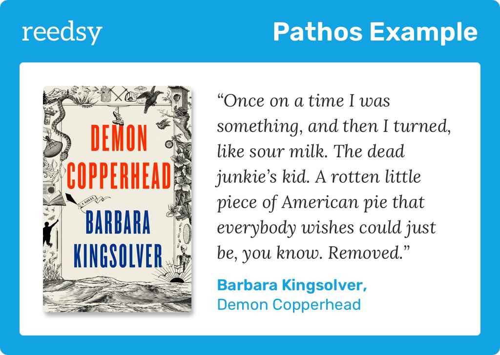Quote card containing this quote from Barbara Kingsolver's book Demon Copperhead: "Once on a time I was something, and then I turned, like sour milk. The dead junkie's kid. A rotten little piece of American pie that everybody wishes could just be, you know. Removed."