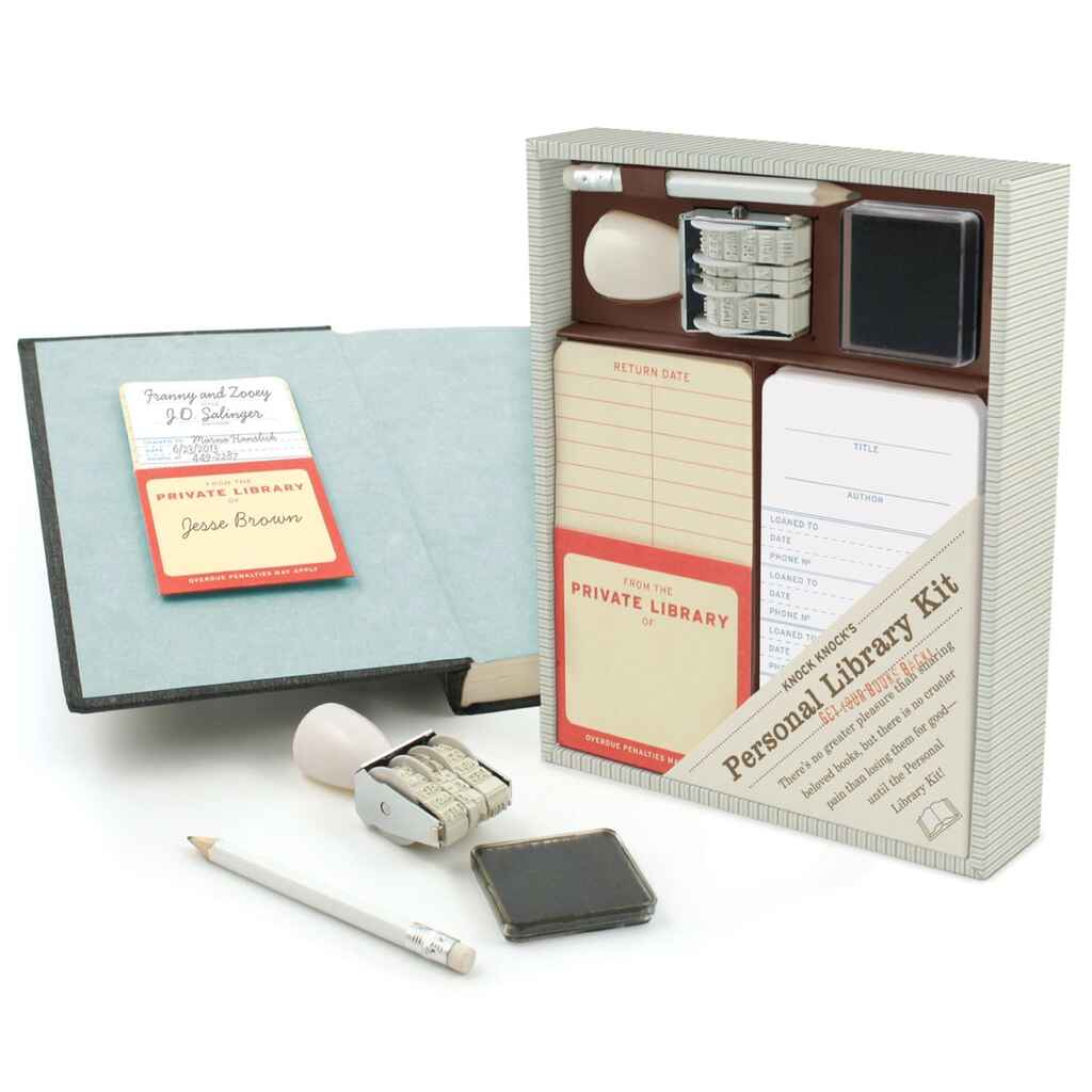 A personal library kit, comprised of a stamp, borrow log, and neat box to hold it all.