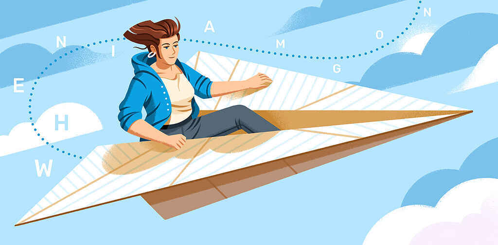 a writer flying in a cover letter that has become a paper airplane