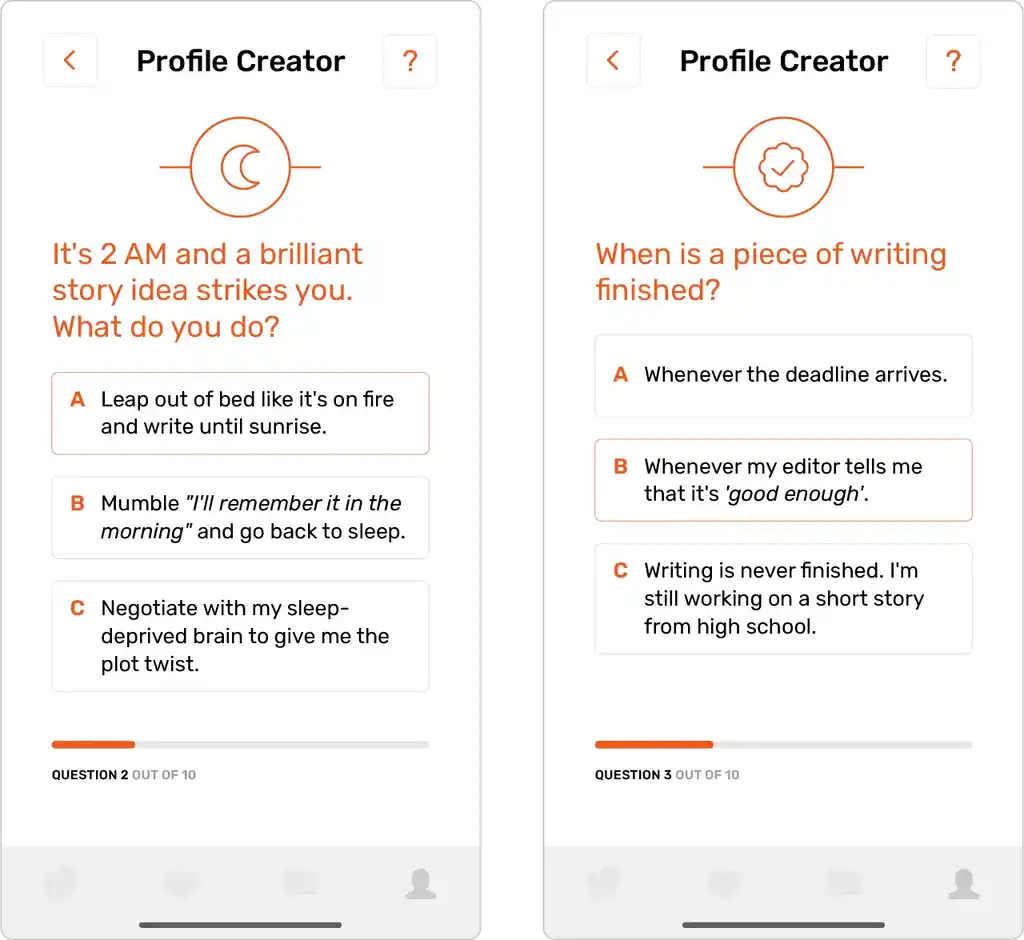 Quiz for a dating app for writers