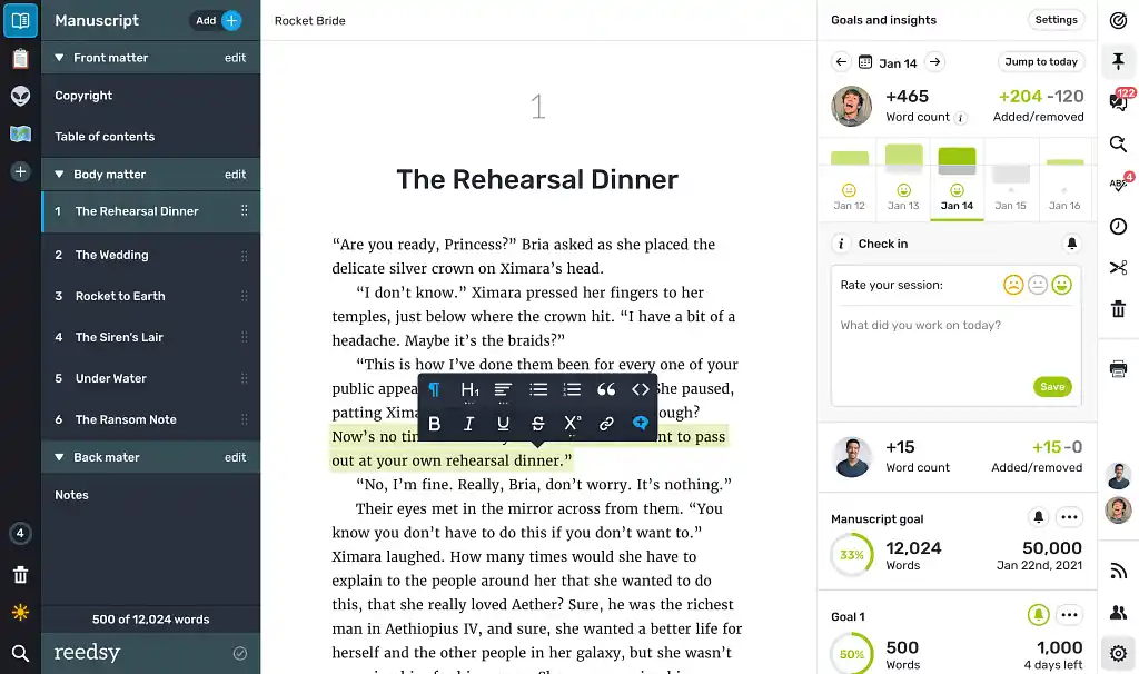Reedsy Studio interface