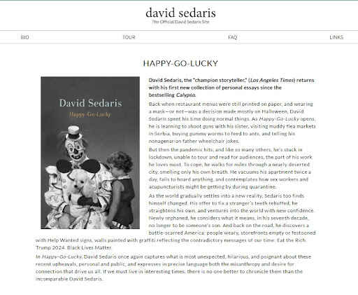 David Sedaris' latest book, Happy-Go-Lucky, and a description of what the book is about.