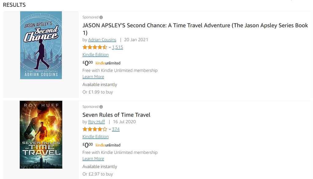 Screenshot of Sponsored books in search result for time travel books