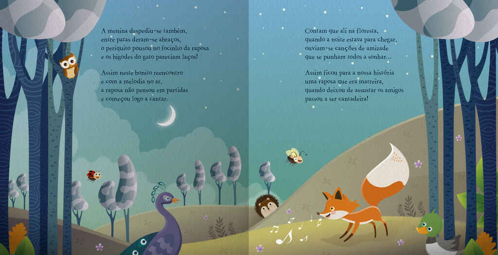 Double page spread illustration of a group of animals in a forest at night.