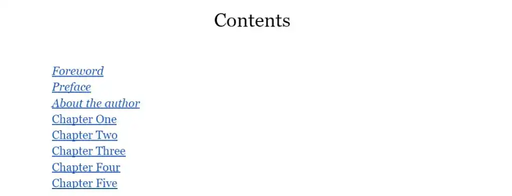 Screengrab of a table of contents