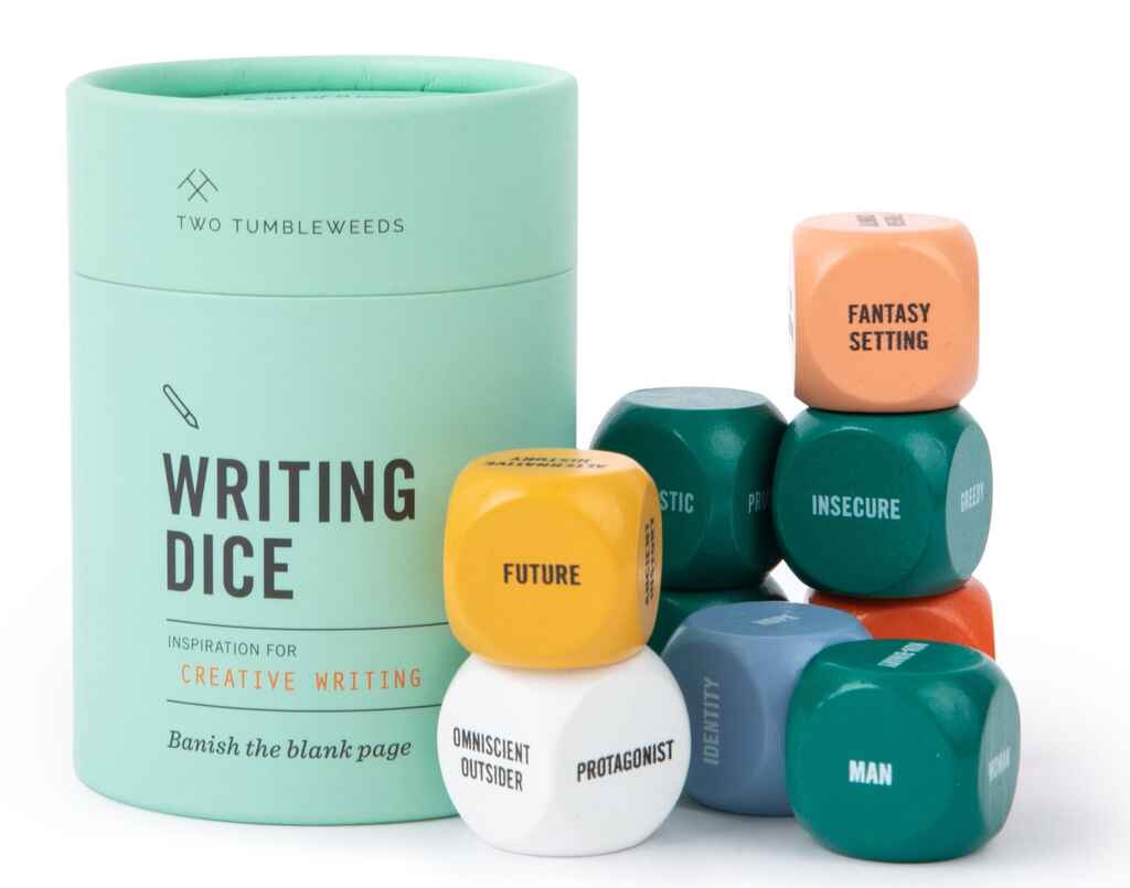 A colorful set of dice for writers. Those visible read 