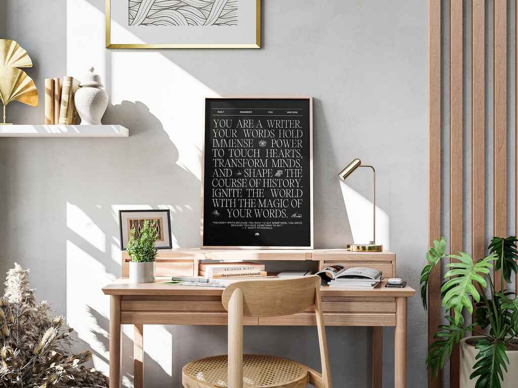 A framed poster over a desk that reads 