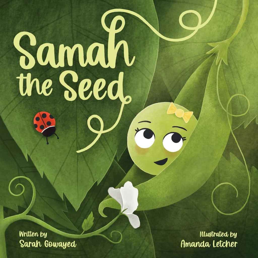 Samah The Seed children's book cover design by Amanda L. featuring a cute illustrated green seed with a sweet face nestled on a leaf beside a ladybug.