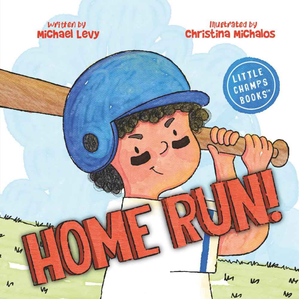 Home Run! children's book cover design by Christina M. featuring a determined illustrated kid in a blue batting helmet swinging a wooden bat, with comic-style title.