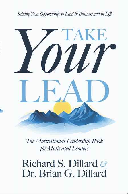 Take Your Lead leadership book cover design by Caerus K. featuring crisp blue serif typography above a watercolor blue mountain range and rising sun.