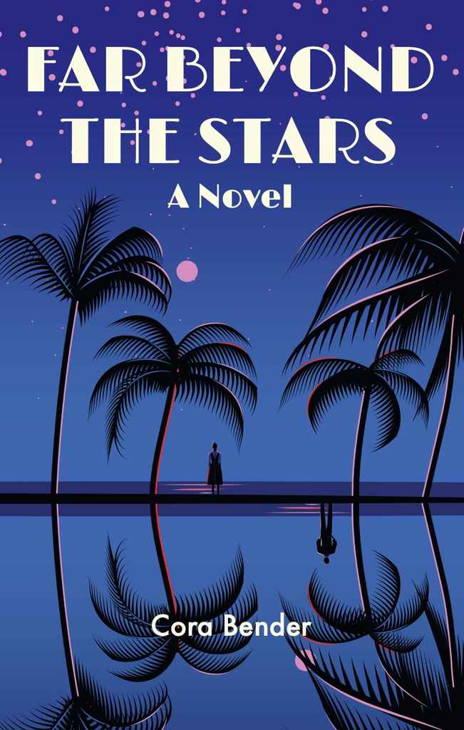 Far Beyond the Stars vintage romance book cover design by Margarita C. featuring an indigo night scene of palm trees mirrored in still water beneath a pink moon and stars.