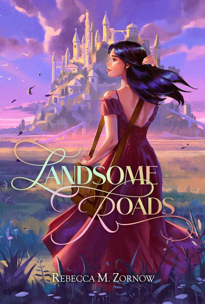 Landsome Roads romantasy book cover design by Sofía S. featuring a painted scene of a dark-haired woman in a flowing red gown gazing back at a hilltop castle under purple skies.