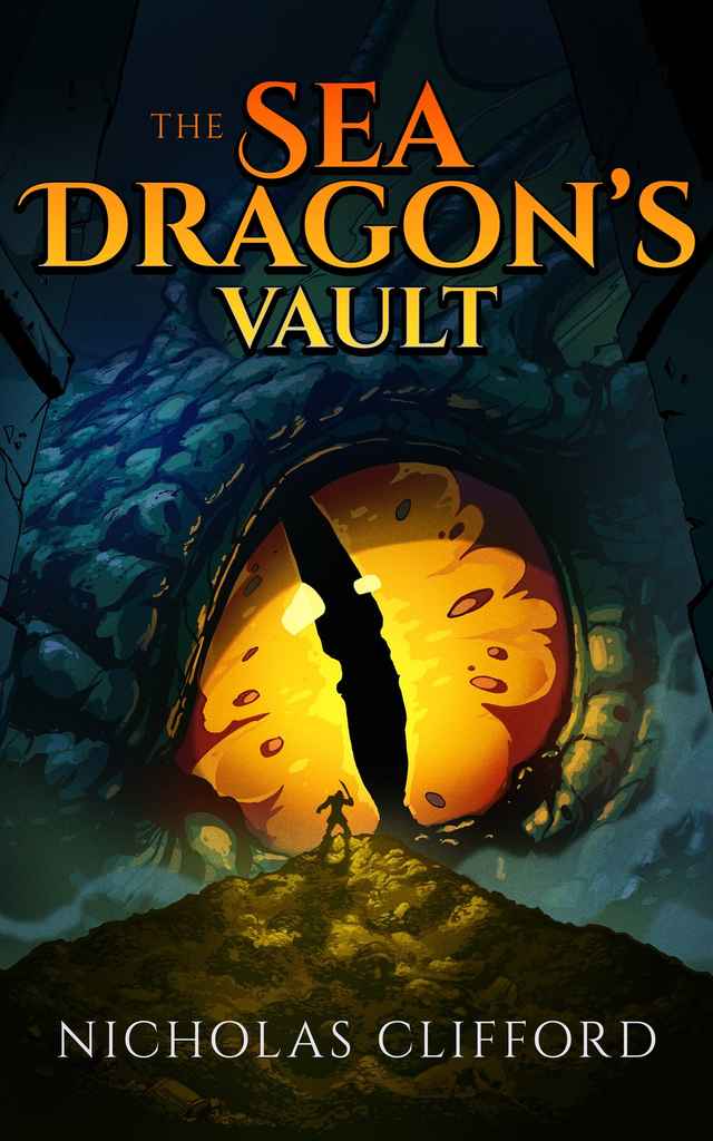 The Sea Dragon's Vault adventure book cover design by Matt H. featuring a tiny adventurer silhouetted inside the glowing amber eye of a giant sea dragon.