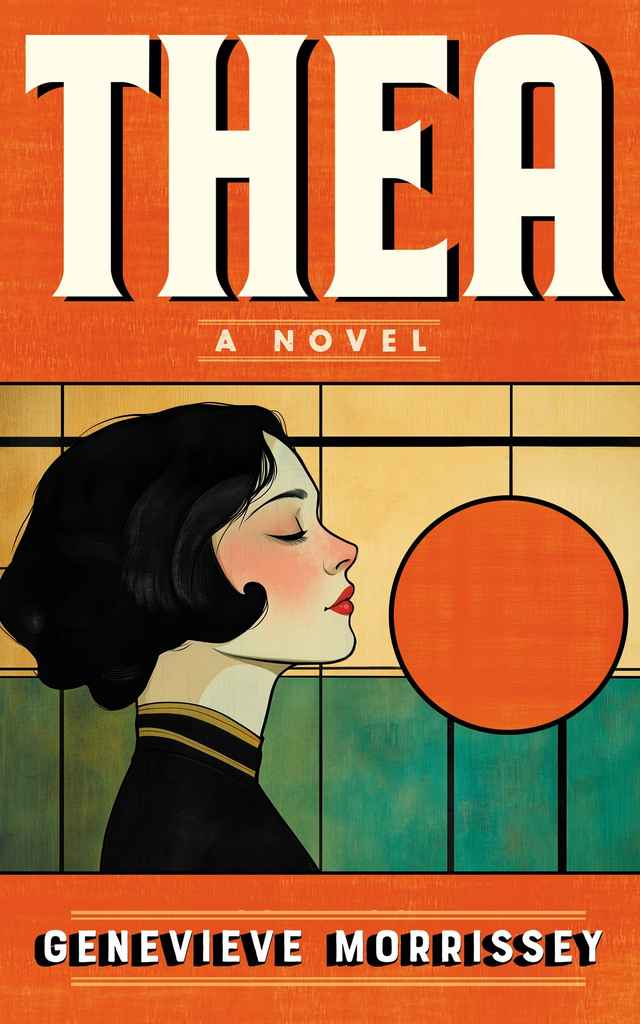 Thea fiction book cover design by Mark T. featuring a retro Art Deco illustration of a 1920s woman in profile with bobbed black hair against orange geometric panels.
