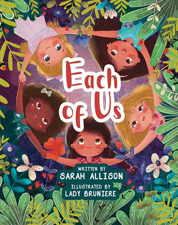 Each of Us children's book cover design by Aline B. featuring a lush illustrated circle of diverse children lying head-to-head among tropical leaves and flowers.