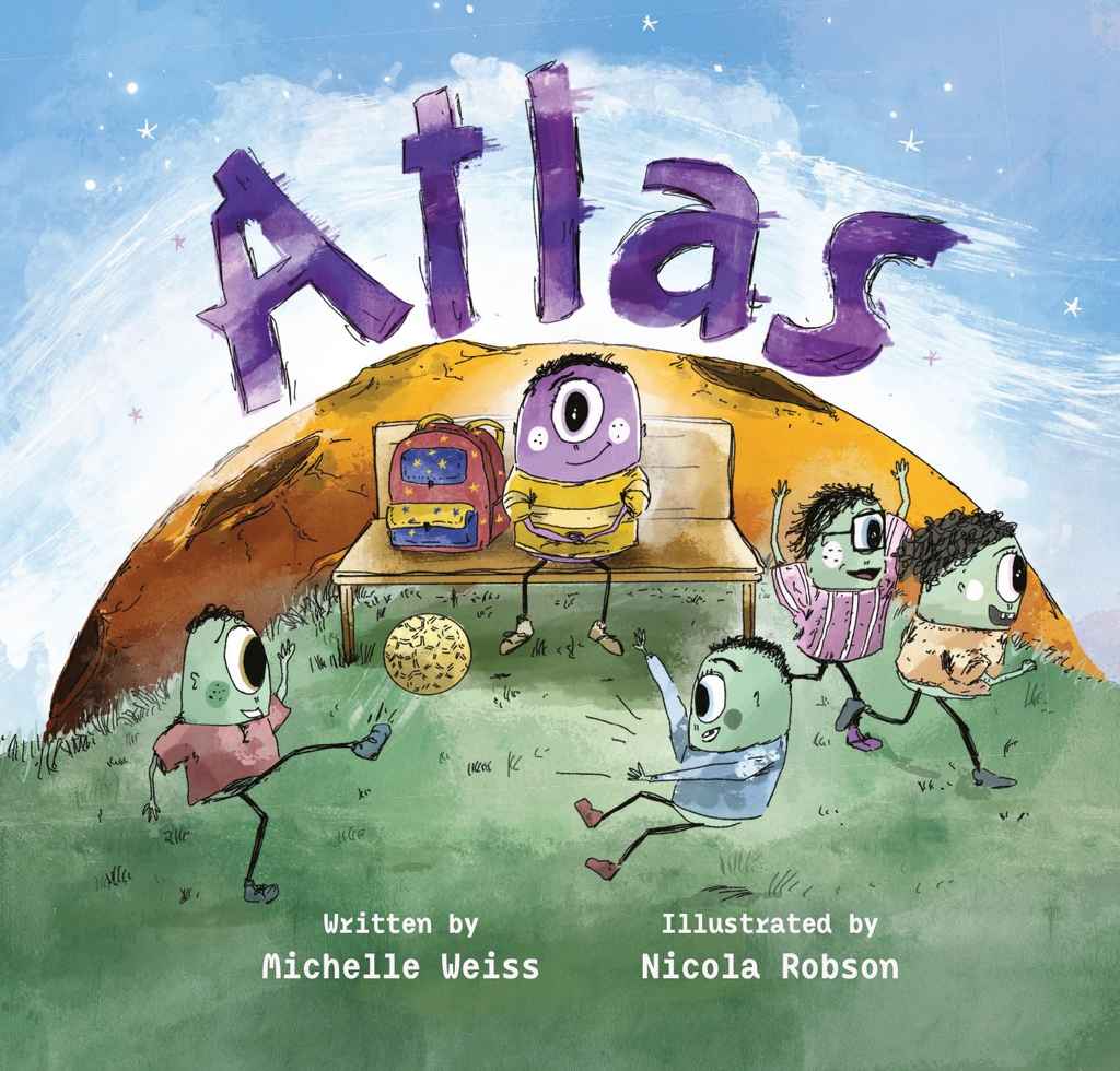 Atlas children's book cover design by Nicola R. featuring loose, expressive illustrations of quirky childlike monsters playing around a hill under a starry sky, with a big hand-drawn purple title.
