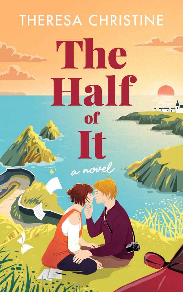 The Half of It fiction book cover design by Morgane F. featuring a sunny coastal illustration of two couples relaxing on clifftop grass overlooking a turquoise bay.