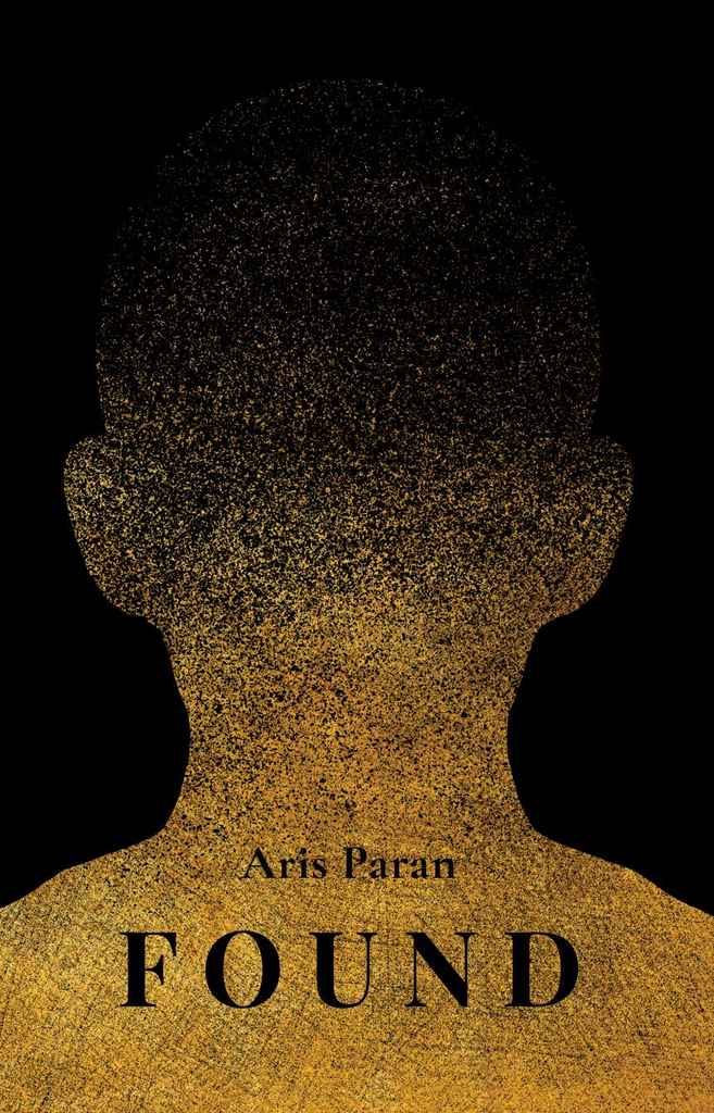 Found fiction book cover design by Milica S. featuring a minimalist gold-speckled silhouette of a human head and shoulders dissolving into a black background.