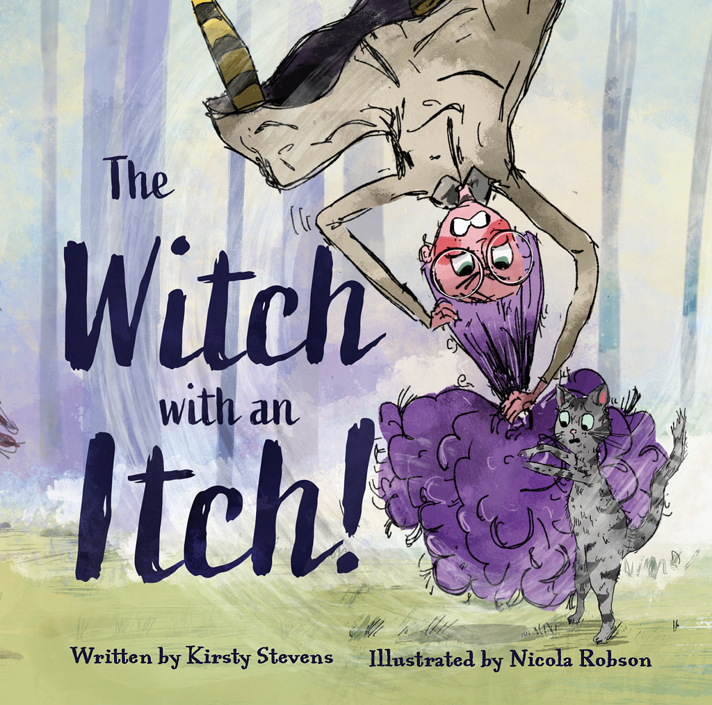 The Witch with an Itch! children's book cover design by Nicola R. featuring a playful watercolor witch hanging upside down in a purple dress, scratching wildly with her cat clinging on.