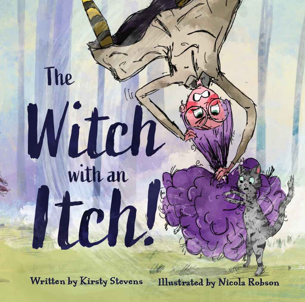The Witch with an Itch! children's book cover design by Nicola R. featuring a playful watercolor witch hanging upside down in a purple dress, scratching wildly with her cat clinging on.