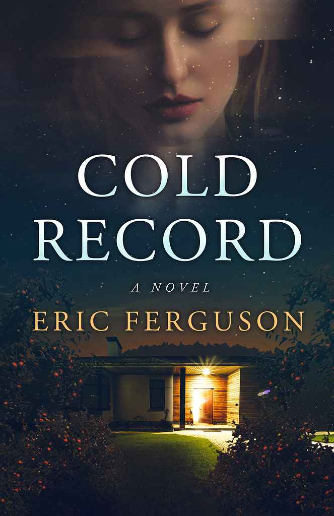 Cold Record fiction book cover design by Jerry T. featuring a moody photographic blend of a woman's downcast face above a house glowing at dusk.