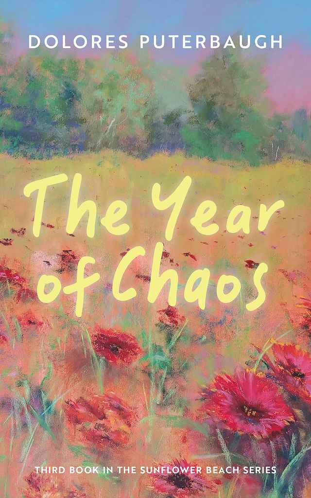The Year of Chaos fiction book cover design by Eva P. featuring a soft impressionistic painting of a wildflower meadow with handwritten yellow script title.