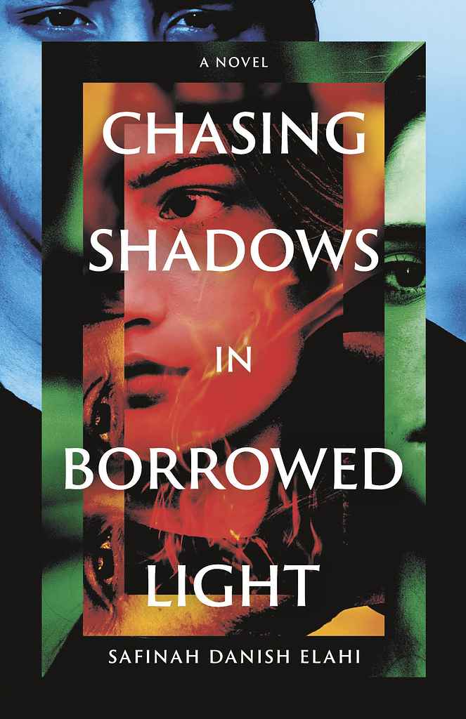 Chasing Shadows in Borrowed Light fiction book cover design by Rachel K. featuring four nested photographic frames in shifting colors, each holding a partially obscured woman's face.