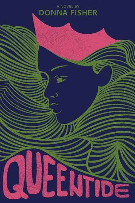Queentide fiction book cover design by Milica S. featuring graphic wavy pink lines resembling hair and rising ocean waves under a bold pink crown.