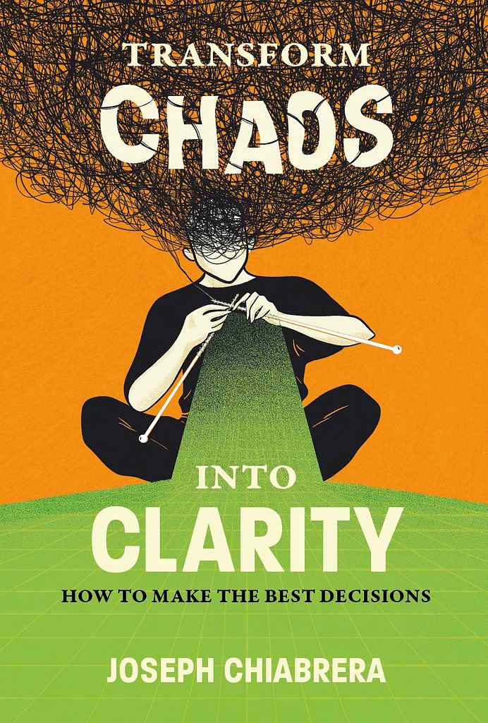 Transform Chaos Into Clarity self-help book cover design by Simona D. featuring a vibrant illustration of a figure knitting their own tangled scribble of thoughts into an orderly green panel.