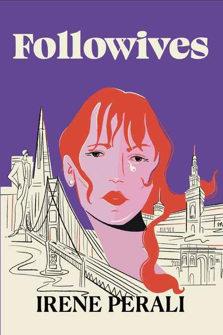 Followives book cover design by Carolina A. featuring a bold illustration of a woman with flowing red hair against a purple sky, framed by delicate line drawings of Milan's cathedral and a city bridge.