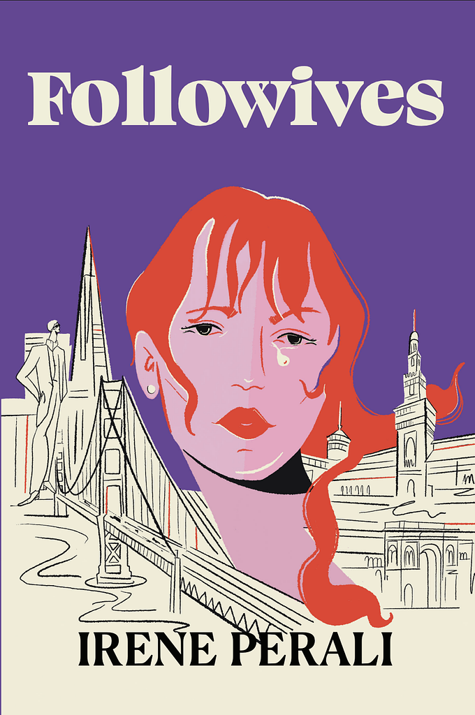 Followives book cover design by Carolina A. featuring a bold illustration of a woman with flowing red hair against a purple sky, framed by delicate line drawings of Milan's cathedral and a city bridge.