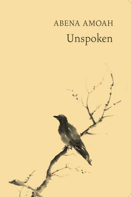 Unspoken fiction book cover design by Euan M. featuring a minimalist ink illustration of a small bird perched on a bare branch against pale yellow.