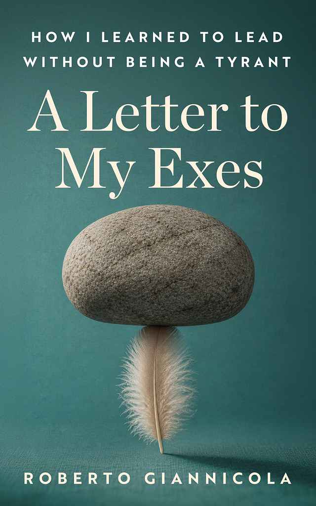 A Letter to My Exes memoir book cover design by Alan H. featuring a heavy grey stone balanced on a single soft white feather against a deep teal background.
