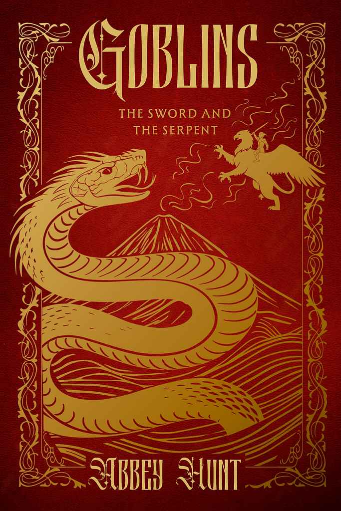 Goblins: The Sword and the Serpent fantasy book cover design by Marta D. featuring gold line art of a coiling horned serpent facing an armoured rider on a griffin above a smoking volcano, framed by an ornate filigree border on deep red.