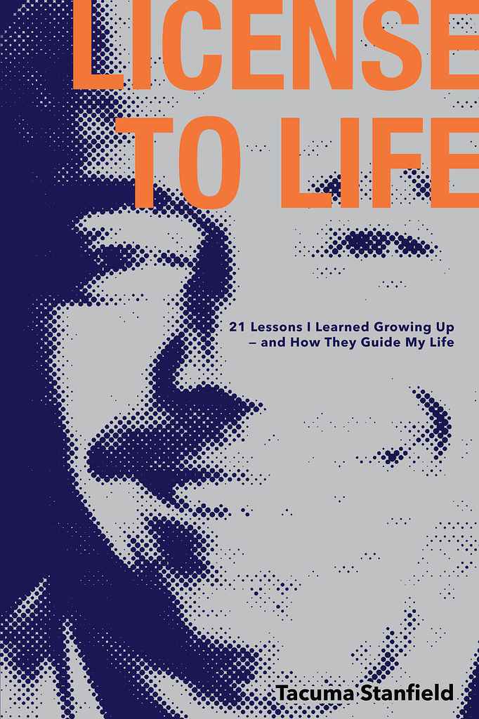 License to Life book cover design by Milica S. featuring a large halftone-dot portrait in deep navy on grey, with the title set in bold orange sans-serif across the top.