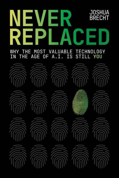 Never Replaced nonfiction book cover design by Lee C. featuring a grid of black fingerprints on a dark background, with one print highlighted in yellow-green.