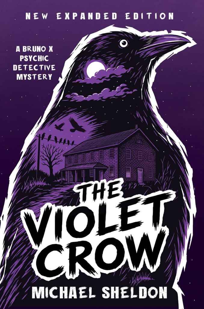 The Violet Crow mystery book cover design by Svitlana S. featuring a stylized purple crow perched atop a haunted house silhouette against a glowing full moon.