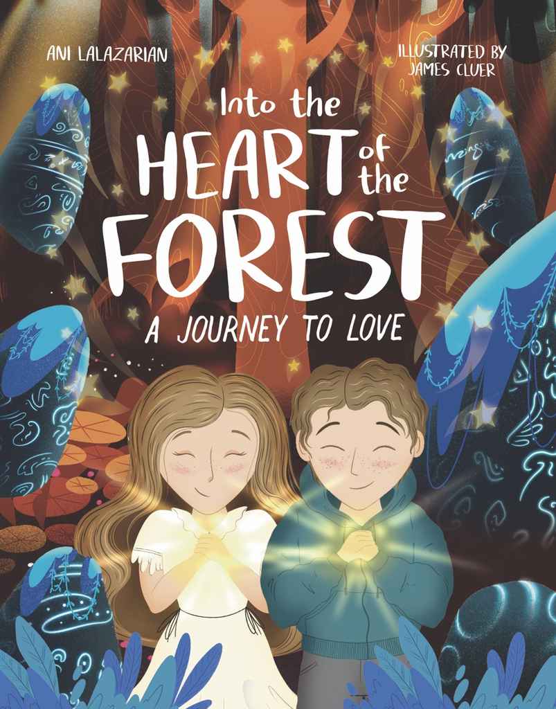 Into the Heart of the Forest romance book cover design featuring an illustrated couple cupping glowing light in their hands amid a blue enchanted forest, with the tagline 'A journey to love.'