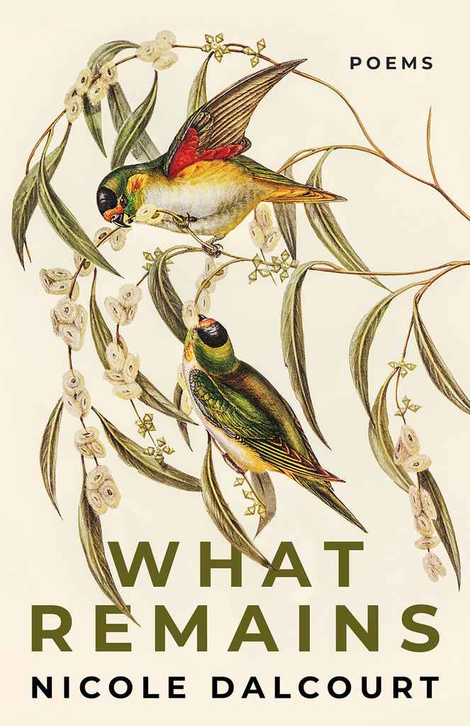 What Remains poetry book cover design by Euan M. featuring a botanical illustration of a hummingbird among branches and leaves on cream.