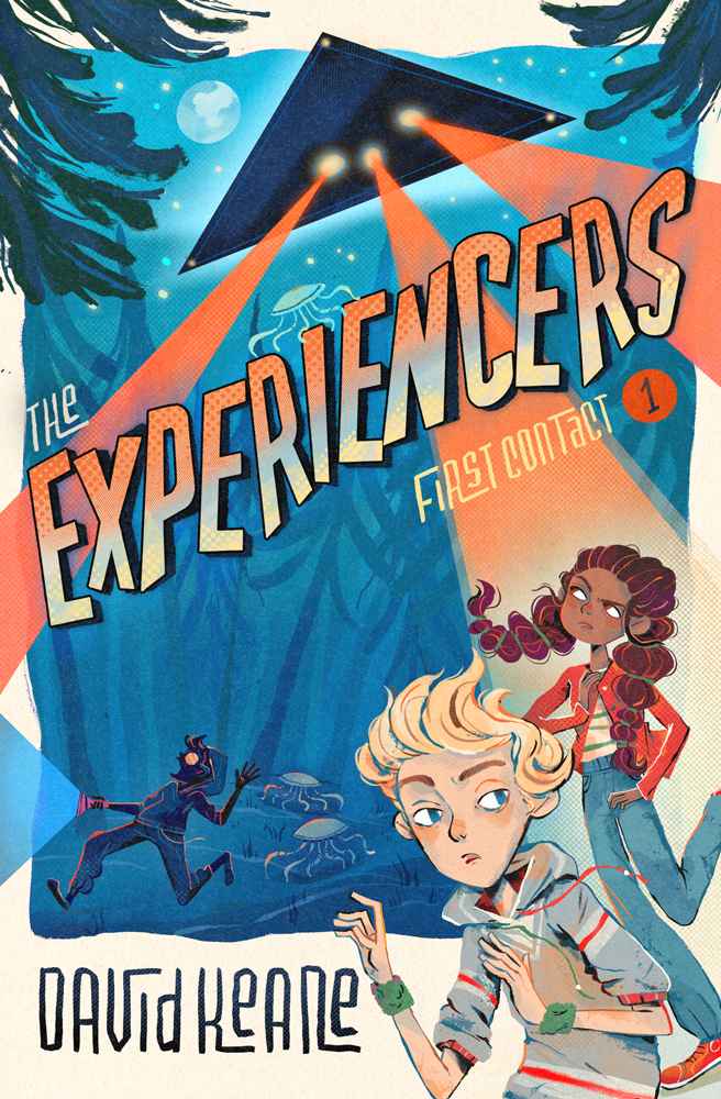 The Experiencers: First Contact fiction book cover design by Flavia S. featuring an illustration of two kids running from a triangular UFO beaming light down through a forest.