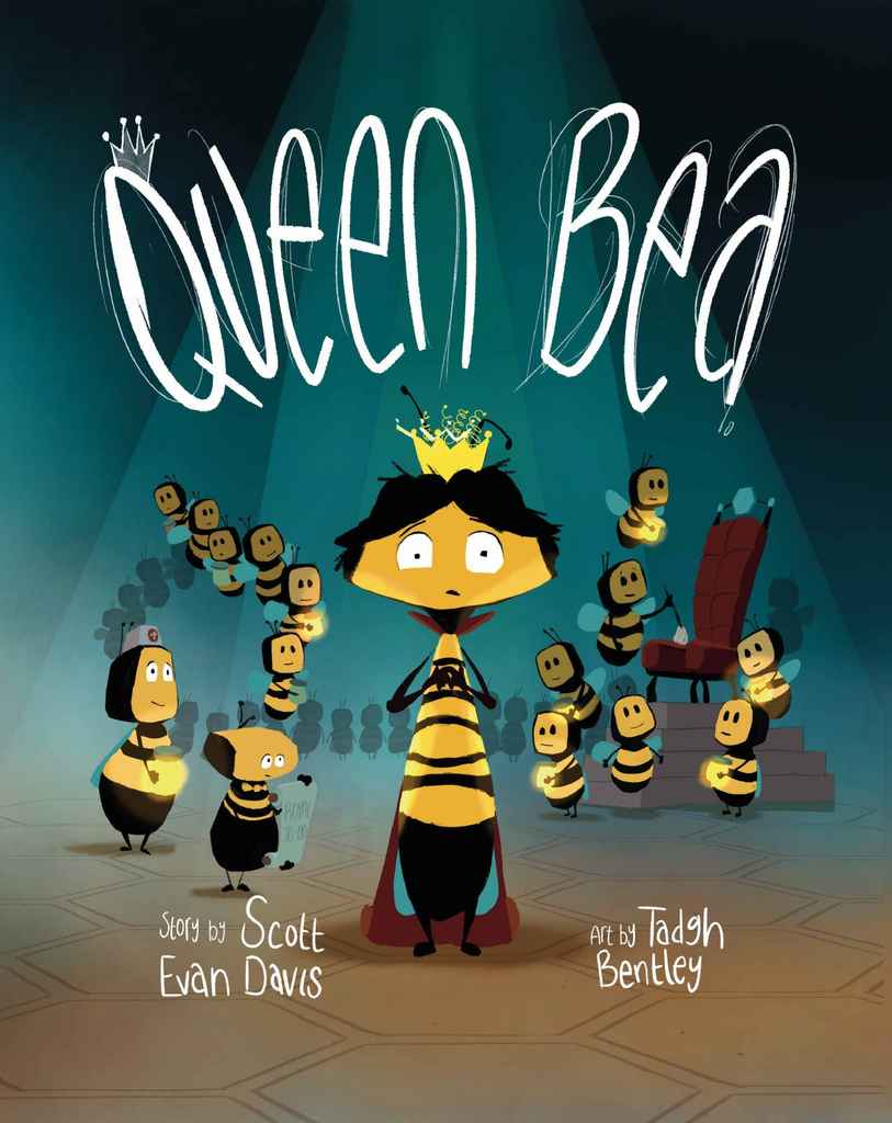 Queen Bea children's book cover design by Tadgh B. featuring a cheerful cartoon bee wearing a crown seated on a throne, waving to two bee attendants.
