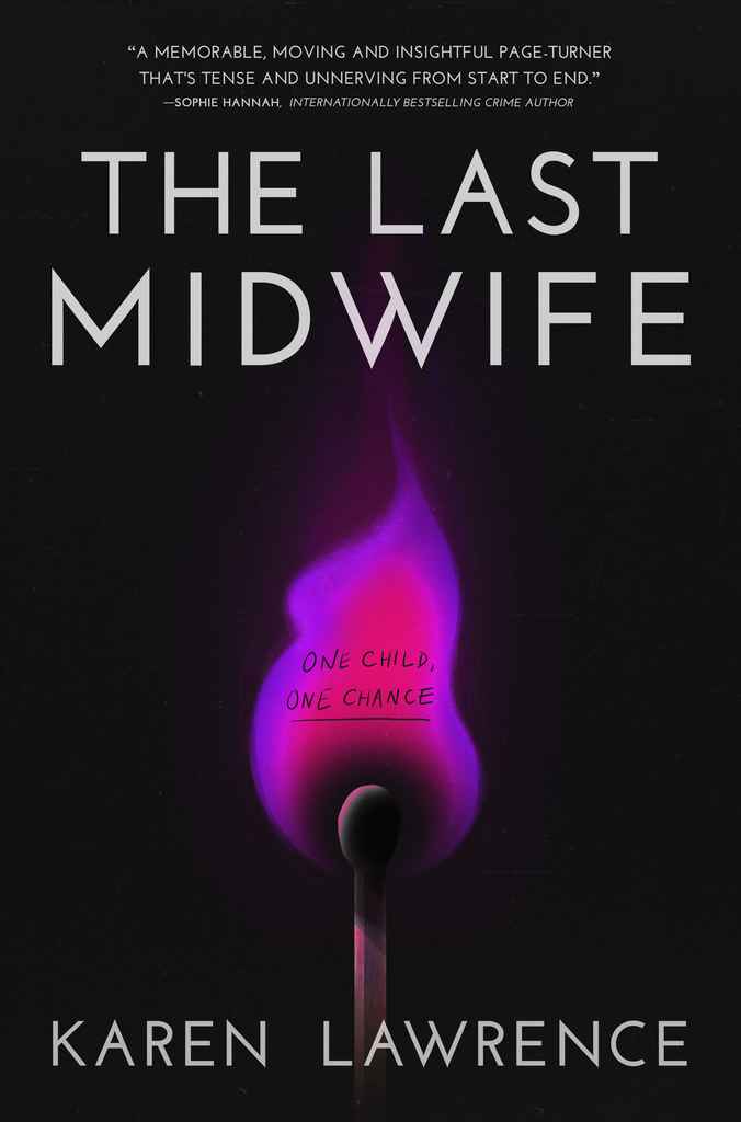 The Last Midwife fiction book cover design by Roderick B. featuring a single lit match glowing purple against black, its flame shaped like a curled infant.