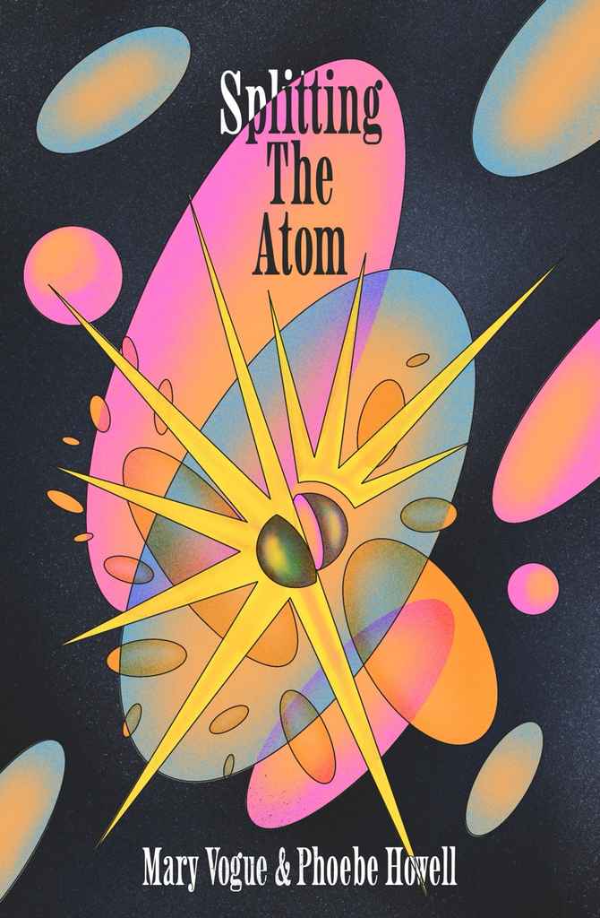 Splitting the Atom fiction book cover design by James C. featuring a retro atomic-age illustration of a glowing nucleus surrounded by orbiting colorful bubbles.