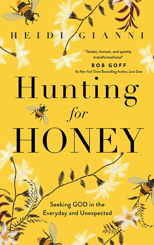 Hunting for Honey nonfiction book cover design by Vanessa M. featuring delicate botanical illustrations of bees and wildflowers around bold black title type on mustard yellow.