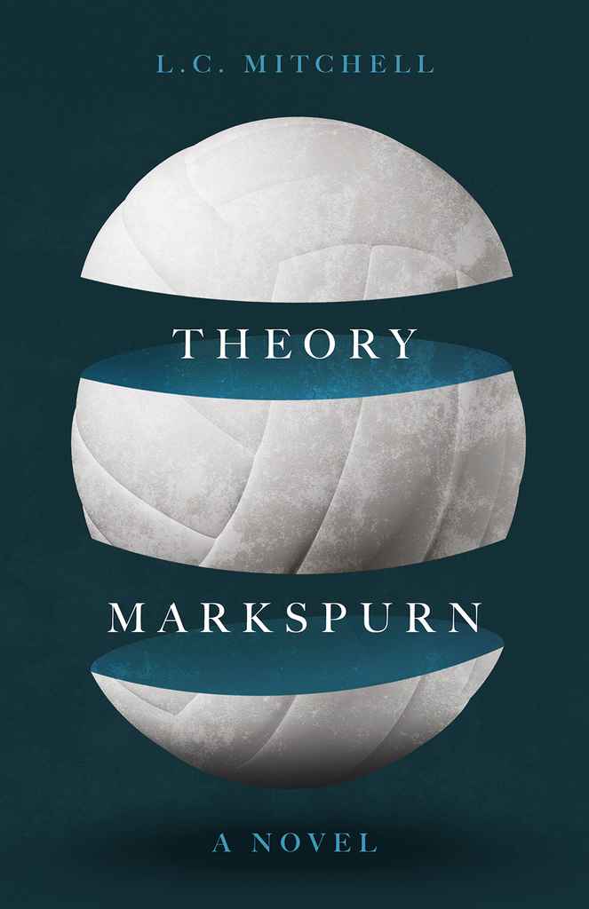 Theory Markspurn fiction book cover design by Euan M. featuring three overlapping cracked white spheres like planets or eggs against a deep teal background.