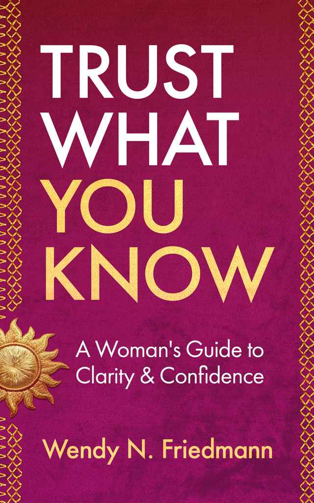 Trust What You Know book cover design by Caerus K. featuring white and gold lettering on a burgundy-to-purple background, framed by gold stitched borders and a sun motif.